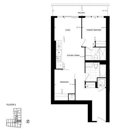 Floor plan for 2 beds, 2 baths, 790 sqft